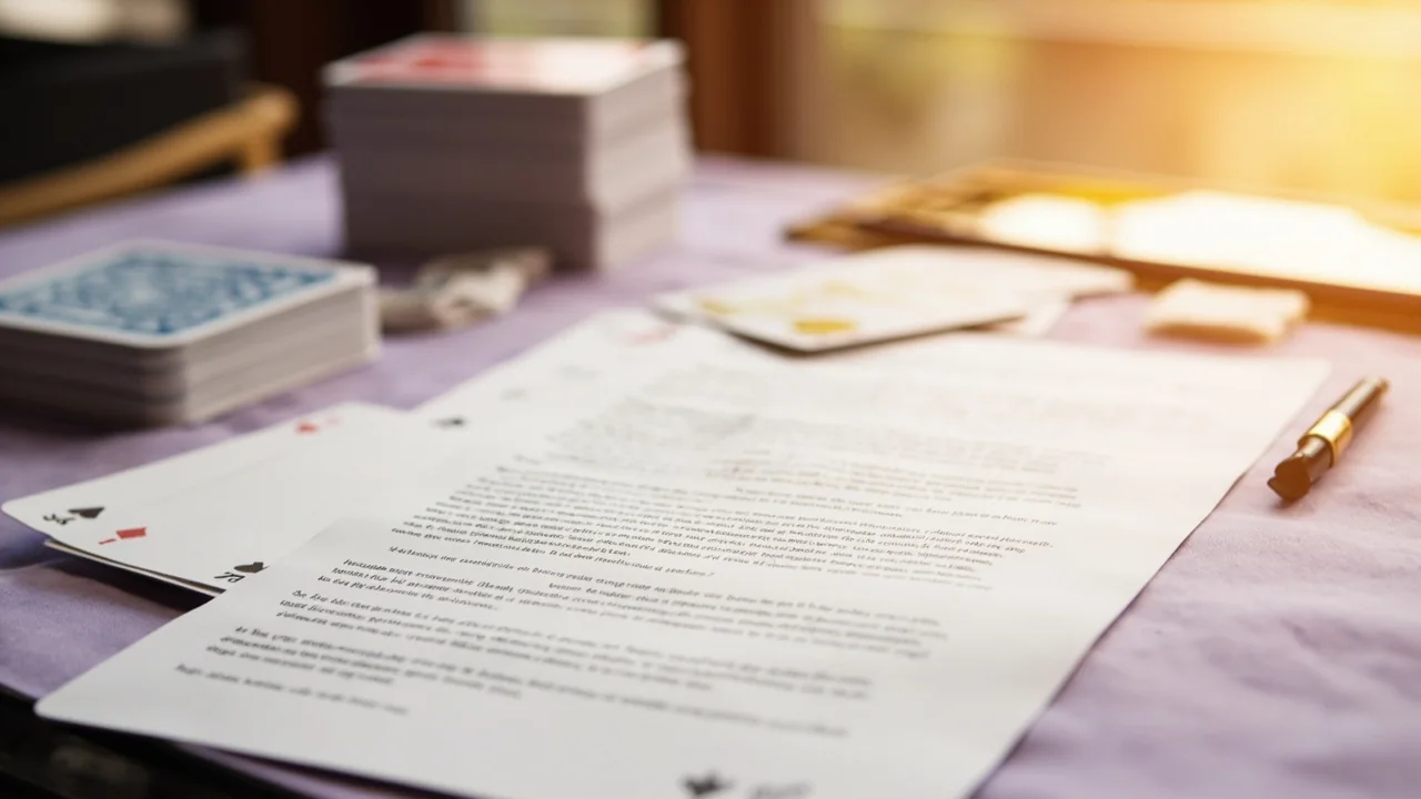 A tutorial desk with a rummy rules book, used as the deal-to-declaration walkthrough hero