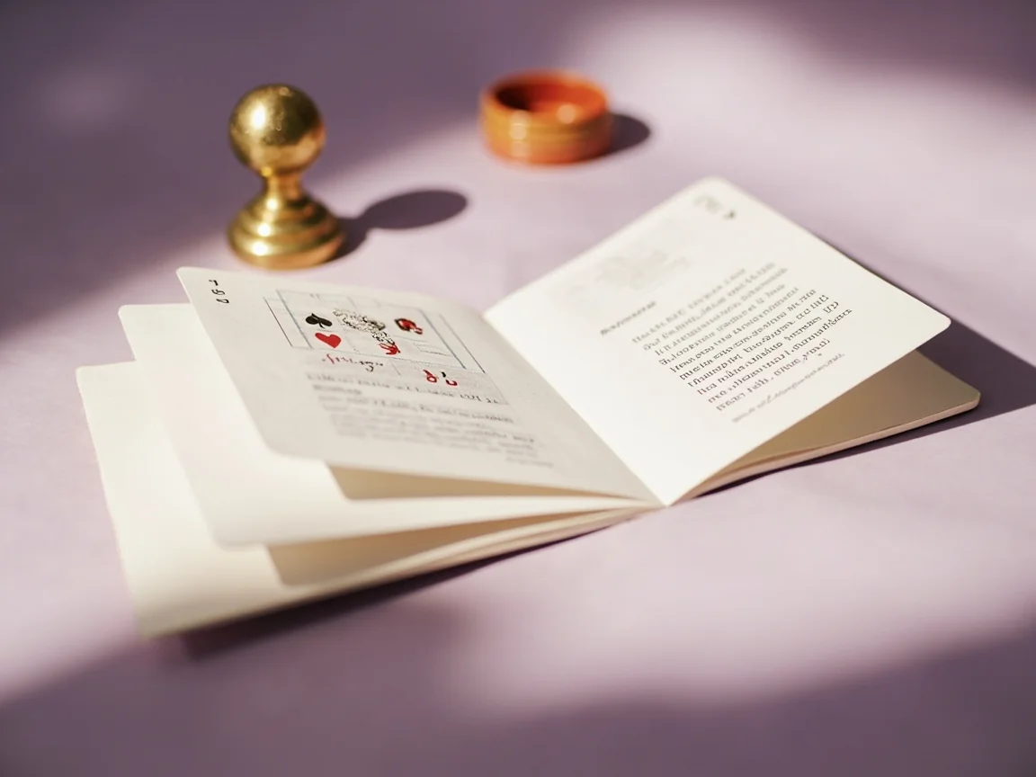 A dated rulebook spread with a pen and a paper ruler, the rulebook open to the rummy section